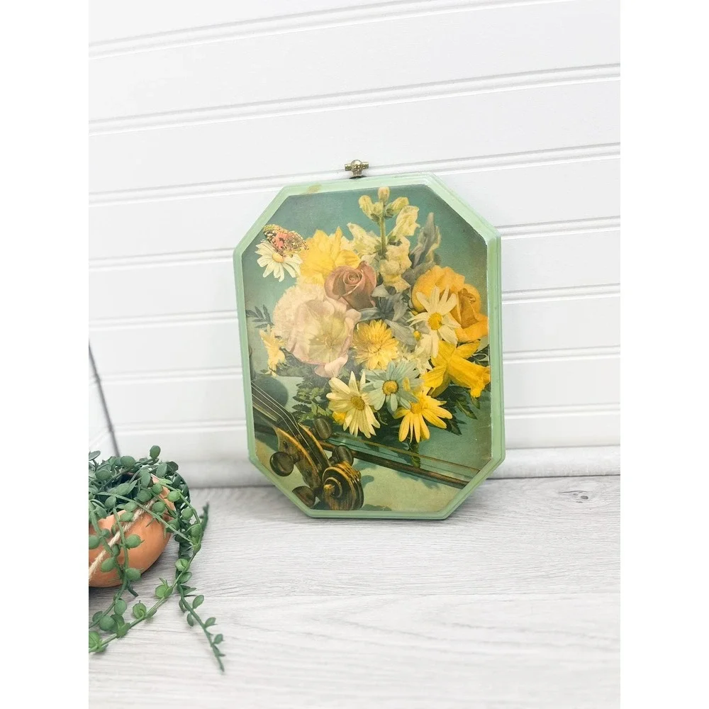 Vintage Floral Print on‎ Green Wood: Violin & Butterfly Art
